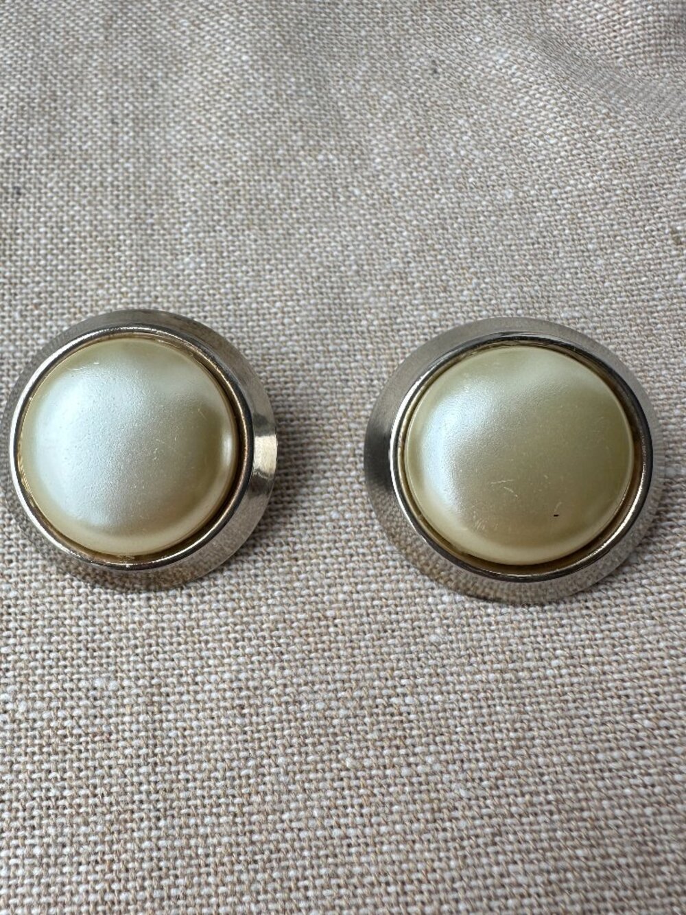 Vintage Faux Pearl Clip-On Earrings Silver Tone Round Statement 1 Inch